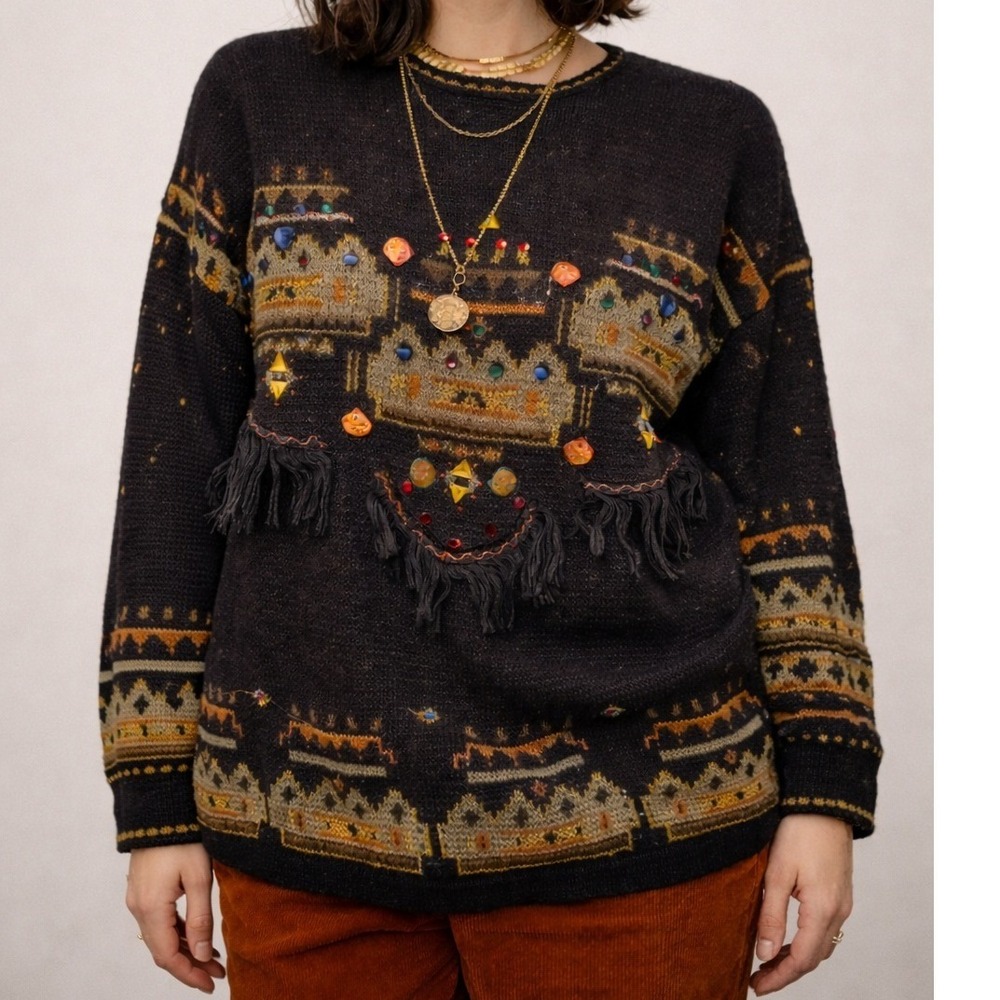 Vintage Dafna D&I Israel Jeweled Fringe Metallic Knit‎ Sweater Med Black 80s 90s